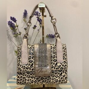 GUESS Y2K Laurita Satchel Leopard Print Stone Faux Leather Handbag Purse Bag